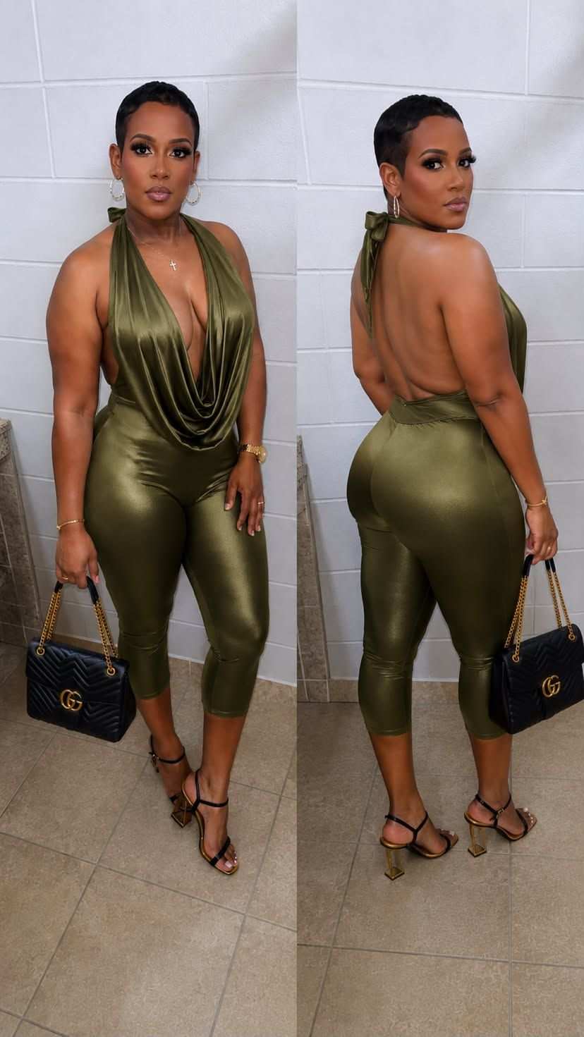 PLUNGE DRAPED COWL V-NECK CINCHED WAIST CAPRI ROMPER