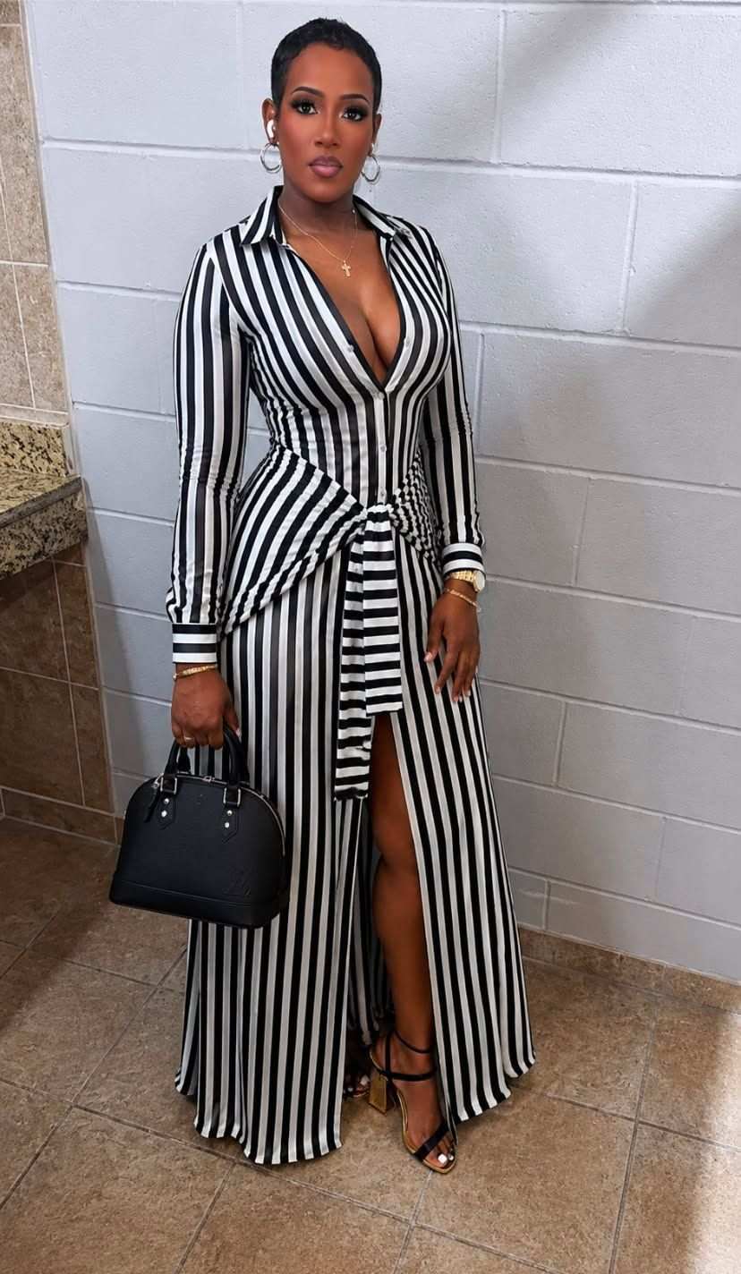 PINSTRIPE WOVEN SHIRT TIE WAIST MAXI DRESS