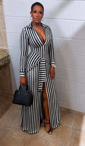 PINSTRIPE WOVEN SHIRT TIE WAIST MAXI DRESS