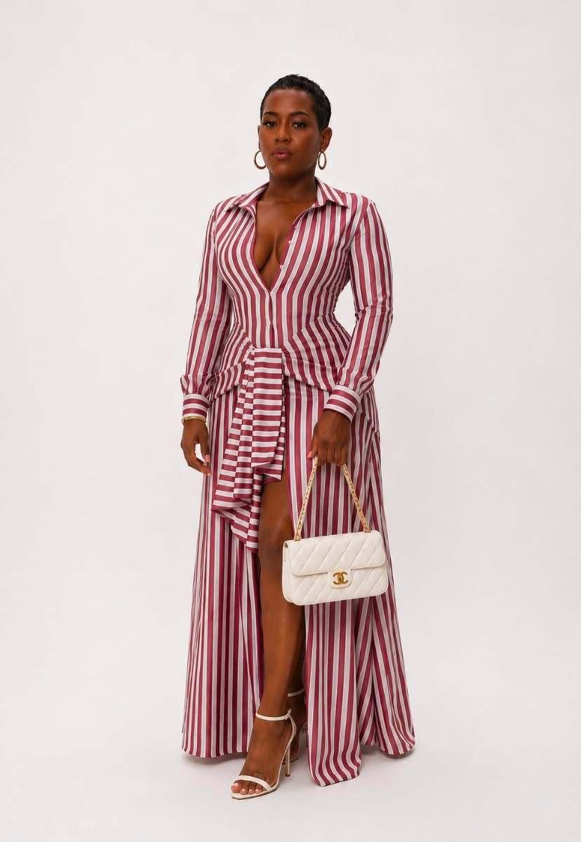 PINSTRIPE WOVEN SHIRT TIE WAIST MAXI DRESS