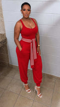 SLEEVELESS CONTRAST STRIPED TIE-UP BARREL JUMPSUIT